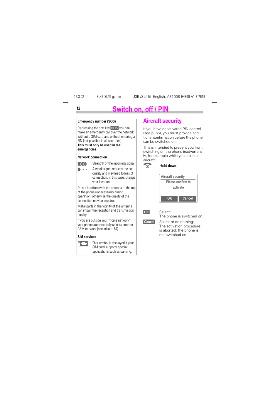 Switch on, off / pin, Aircraft security | Siemens SL42 User Manual | Page 14 / 96