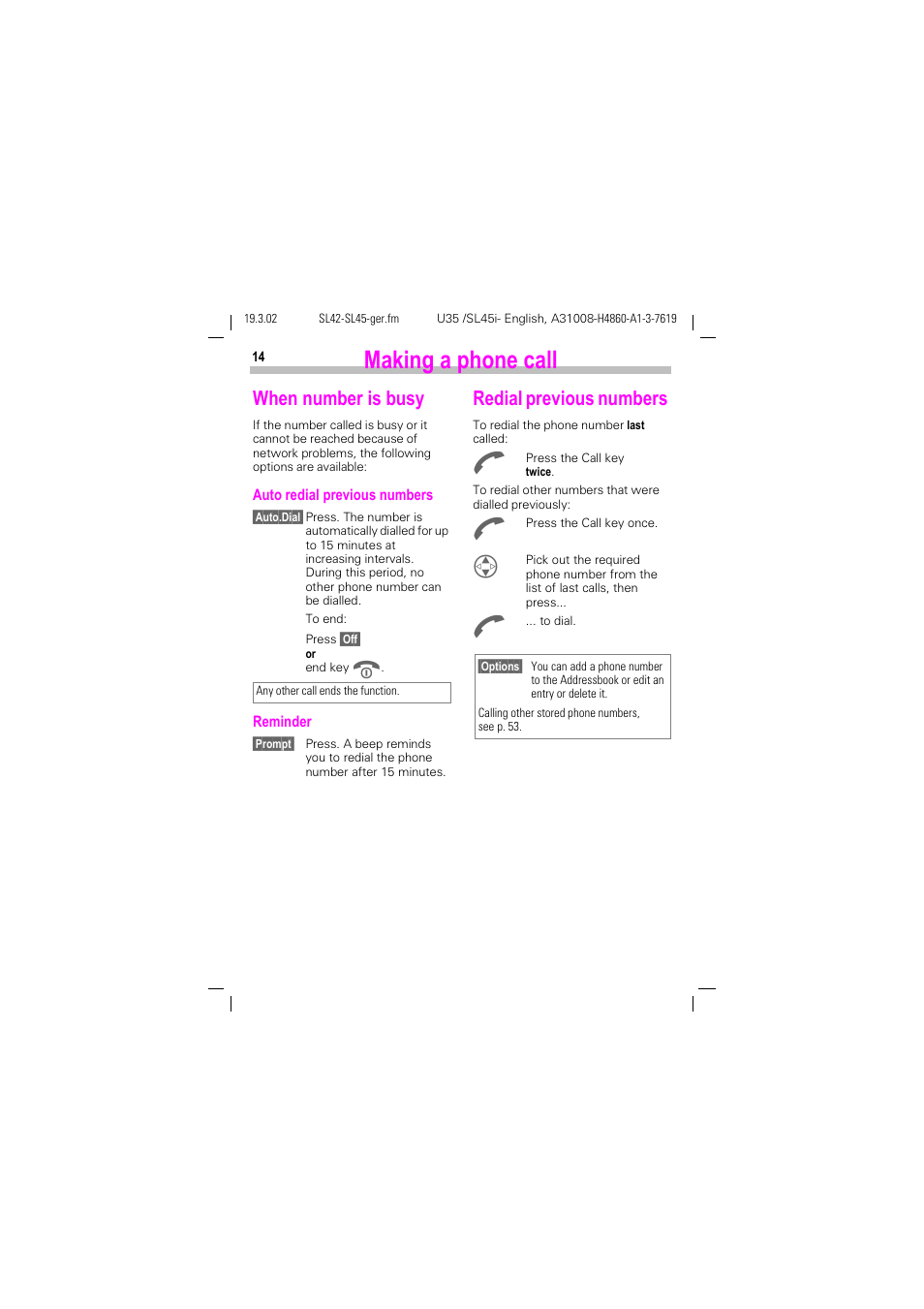 When number is busy, Redial previous numbers, When number is busy redial previous numbers | Making a phone call | Siemens SL42 User Manual | Page 16 / 96