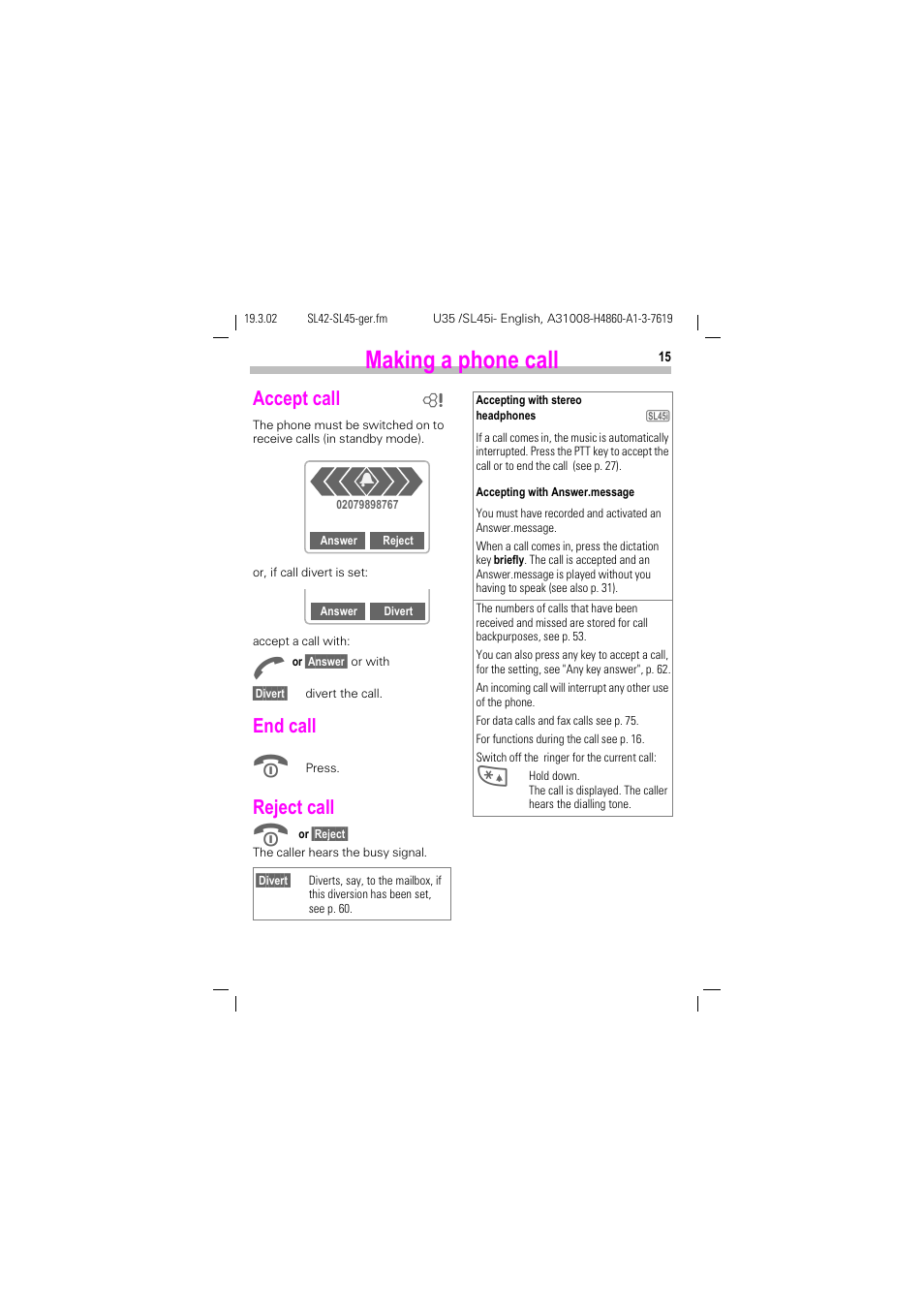 Accept call, End call, Reject call | Accept call end call reject call, Making a phone call | Siemens SL42 User Manual | Page 17 / 96