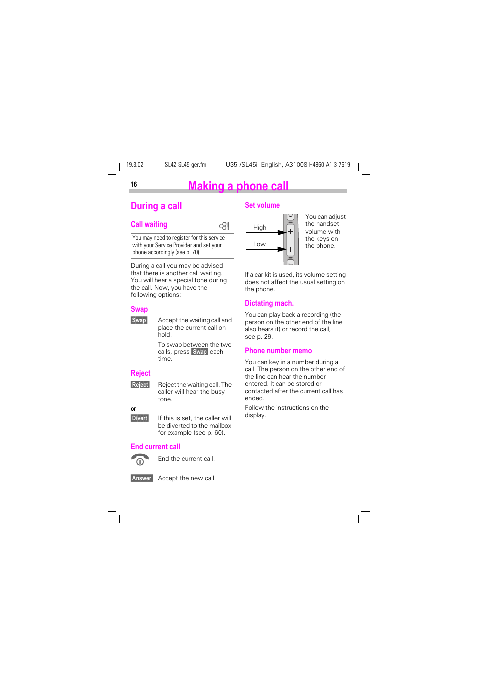 During a call, See p. 16, Making a phone call | Siemens SL42 User Manual | Page 18 / 96