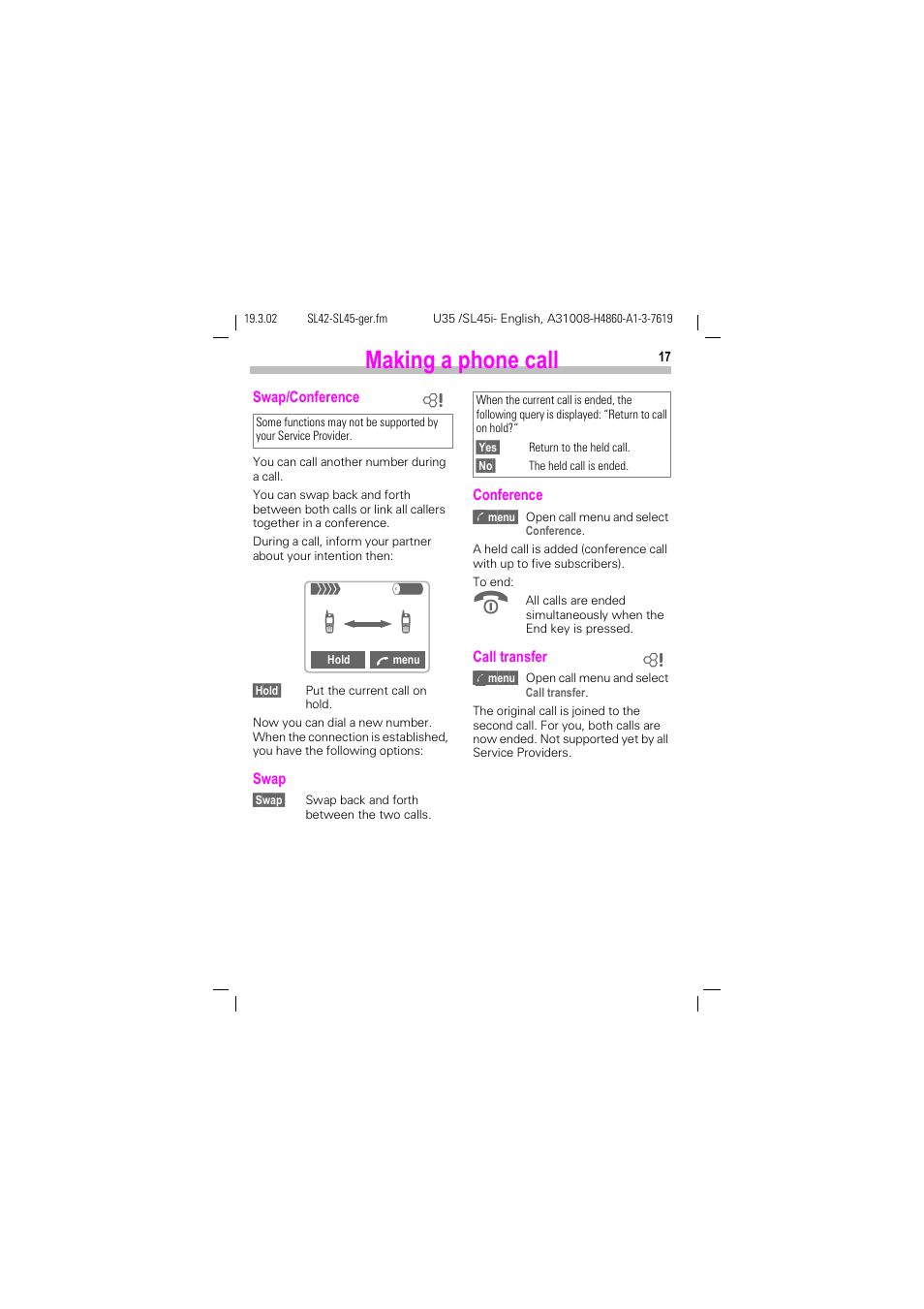 Making a phone call | Siemens SL42 User Manual | Page 19 / 96