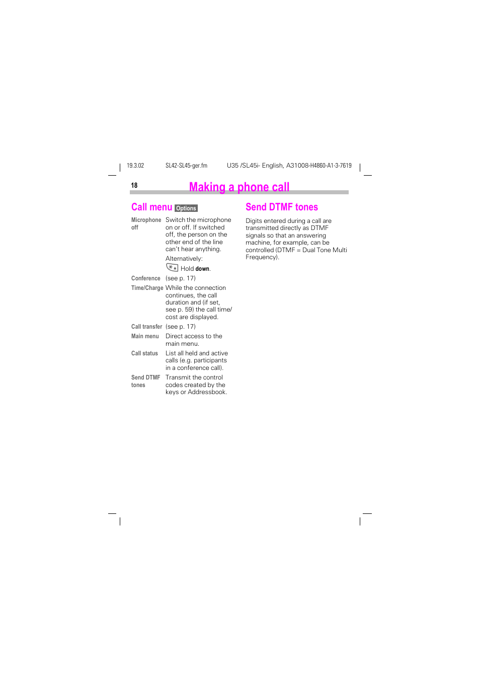 Making a phone call, Call menu, Send dtmf tones | Siemens SL42 User Manual | Page 20 / 96