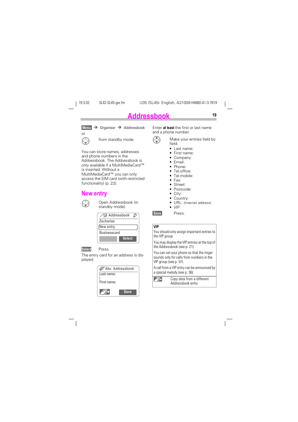 Addressbook, New entry | Siemens SL42 User Manual | Page 21 / 96