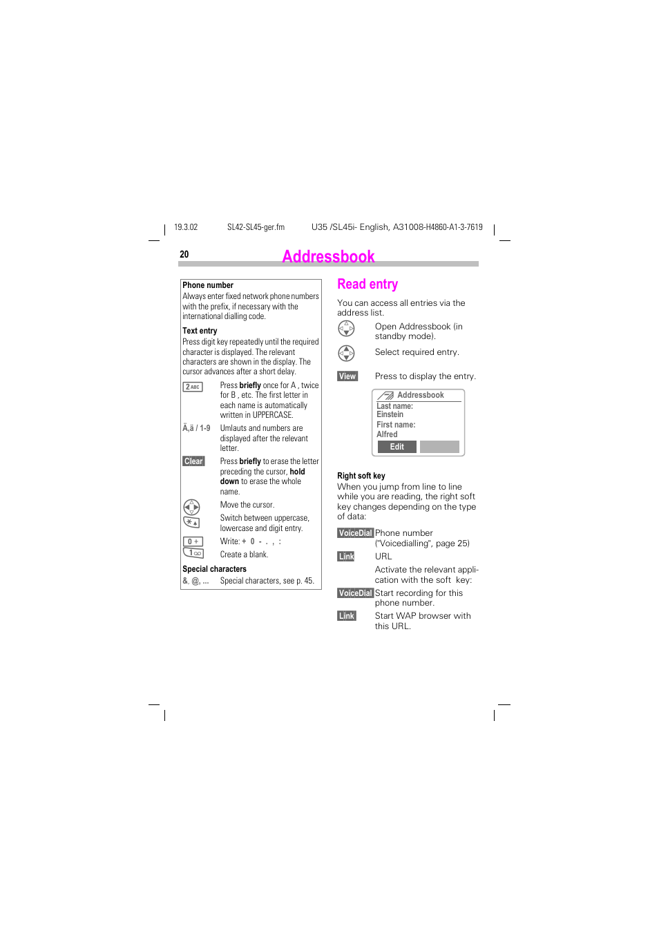 Read entry, Addressbook | Siemens SL42 User Manual | Page 22 / 96