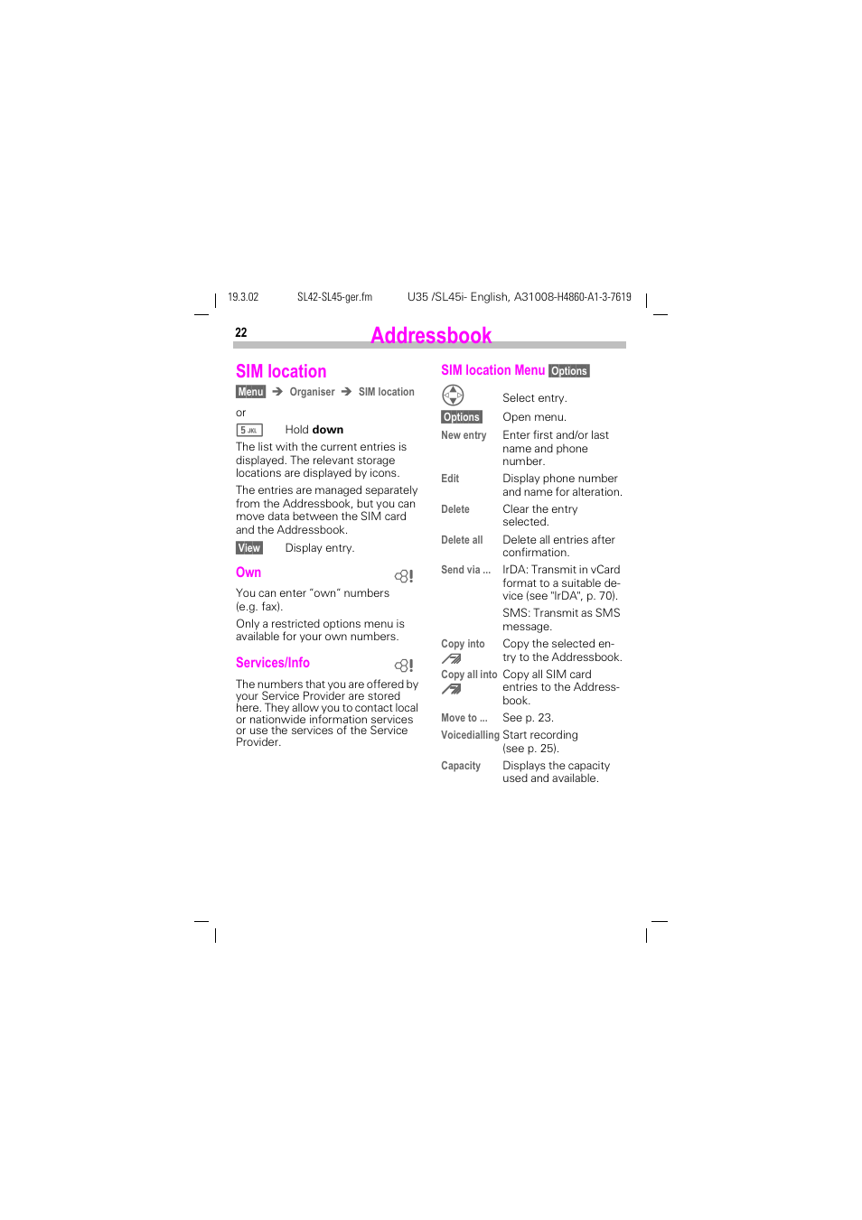 Sim location, See p. 22), P. 22) | Addressbook | Siemens SL42 User Manual | Page 24 / 96