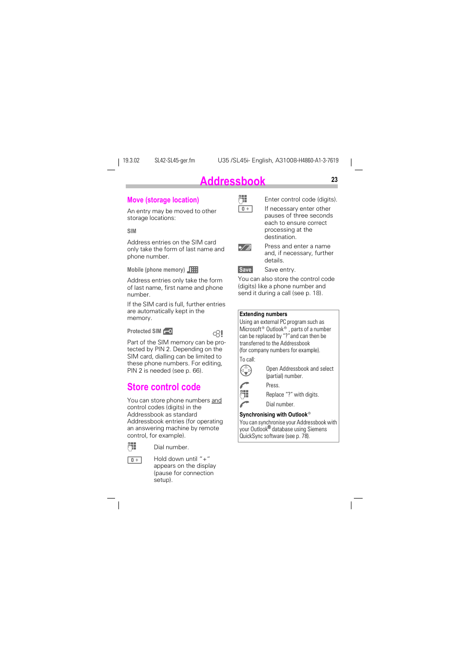 Store control code, Addressbook | Siemens SL42 User Manual | Page 25 / 96