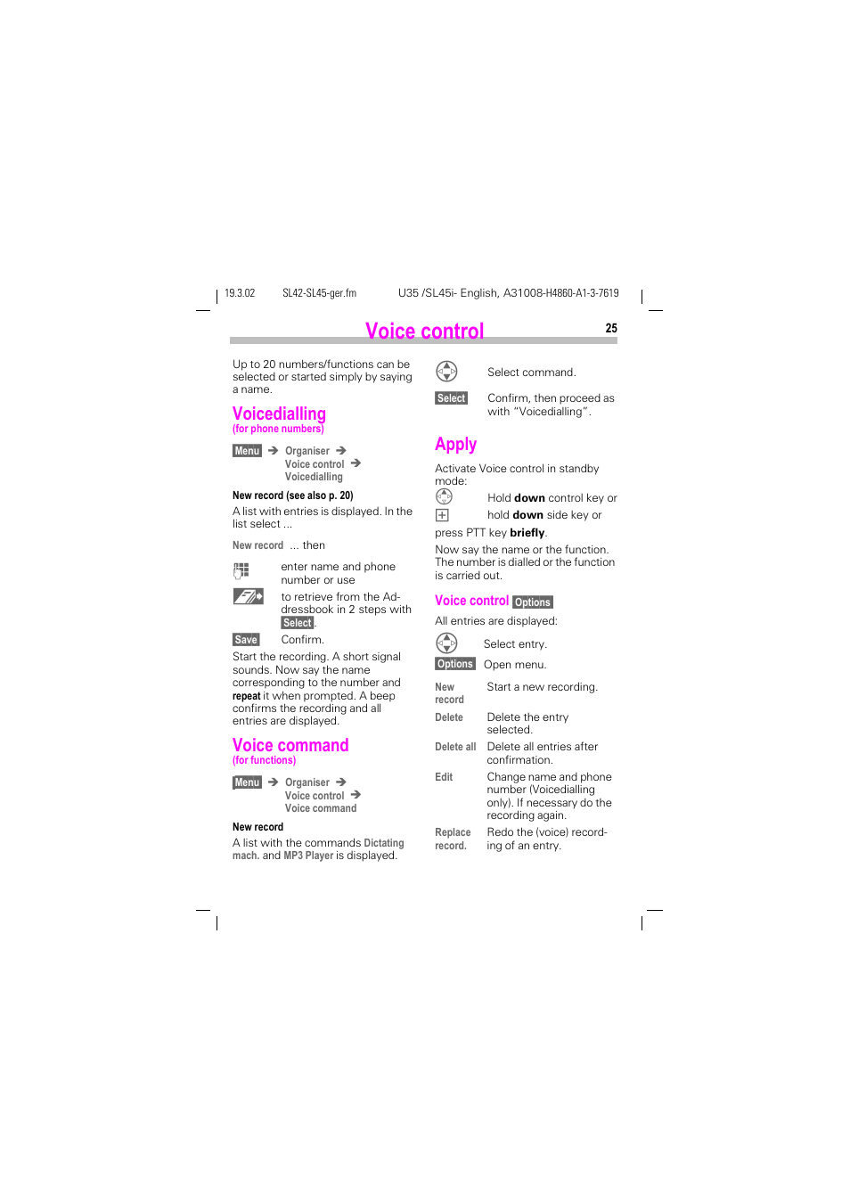 Voice control, Voicedialling, Voice command | Apply | Siemens SL42 User Manual | Page 27 / 96