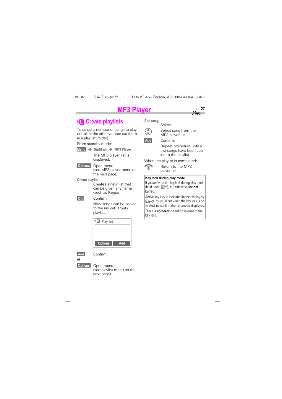 See p. 27), Mp3 player, Create playlists | Siemens SL42 User Manual | Page 29 / 96