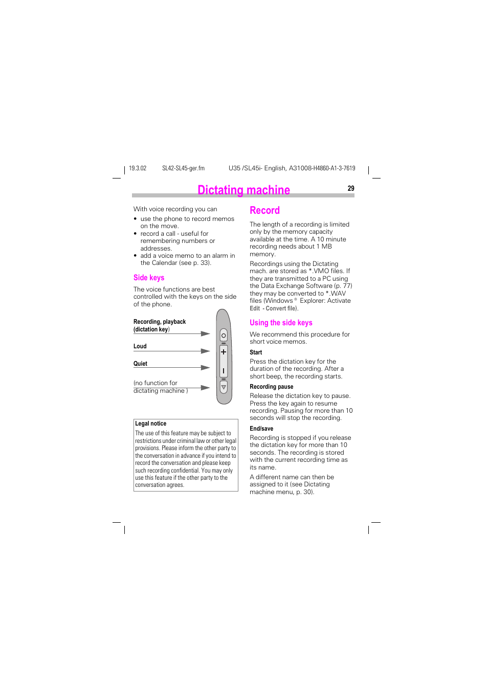 Dictating machine, Record | Siemens SL42 User Manual | Page 31 / 96