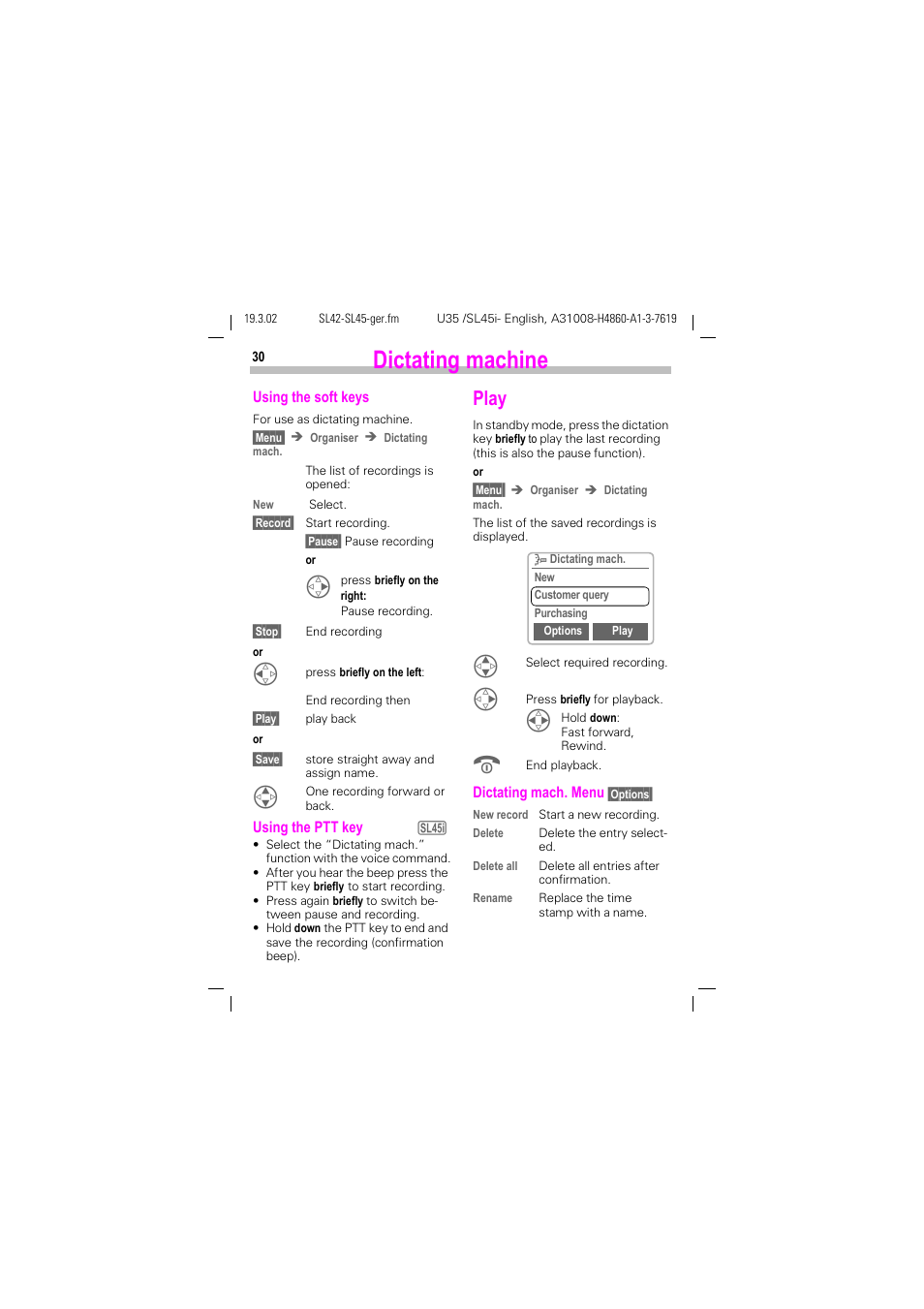 Play, Dictating machine | Siemens SL42 User Manual | Page 32 / 96