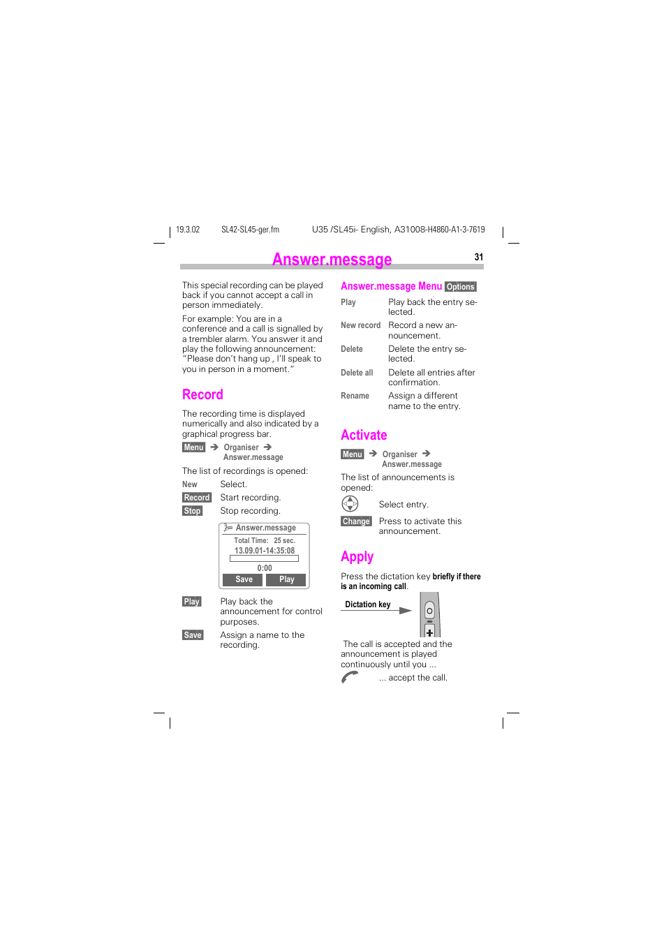 Answer.message, K (see also p. 31), Record | Activate, Apply | Siemens SL42 User Manual | Page 33 / 96