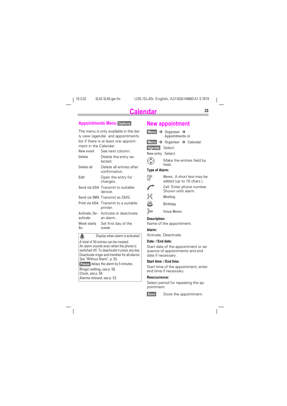 New appointment, Calendar | Siemens SL42 User Manual | Page 35 / 96