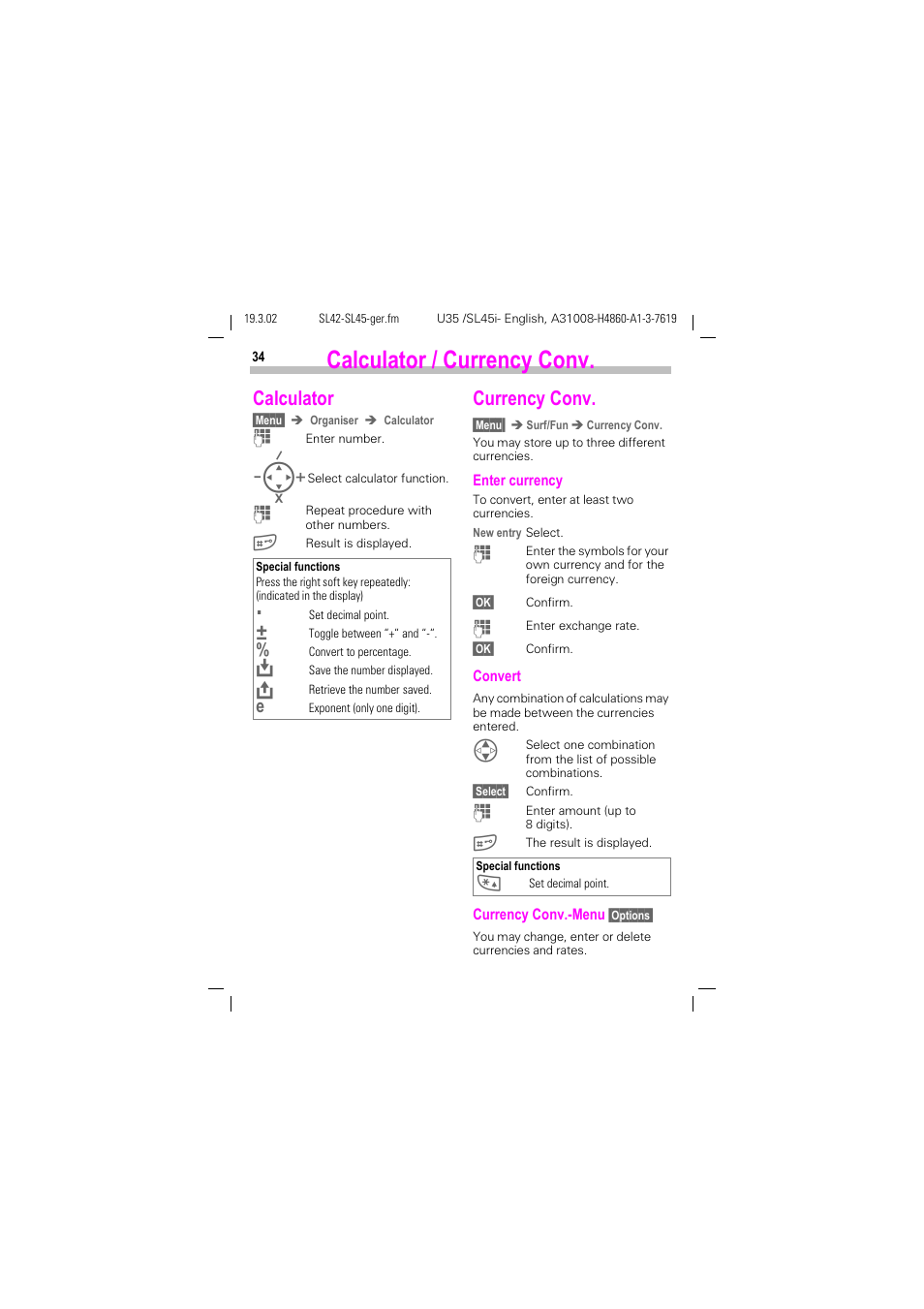 Calculator / currency conv, Calculator, Currency conv | Siemens SL42 User Manual | Page 36 / 96