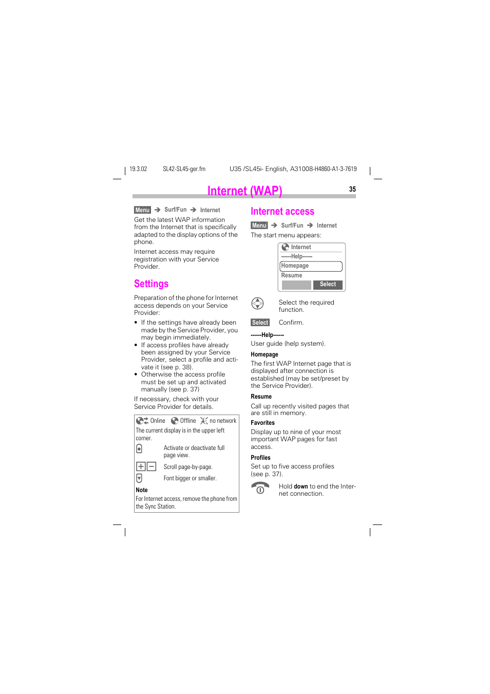 Internet (wap), Settings, Internet access | Settings internet access | Siemens SL42 User Manual | Page 37 / 96