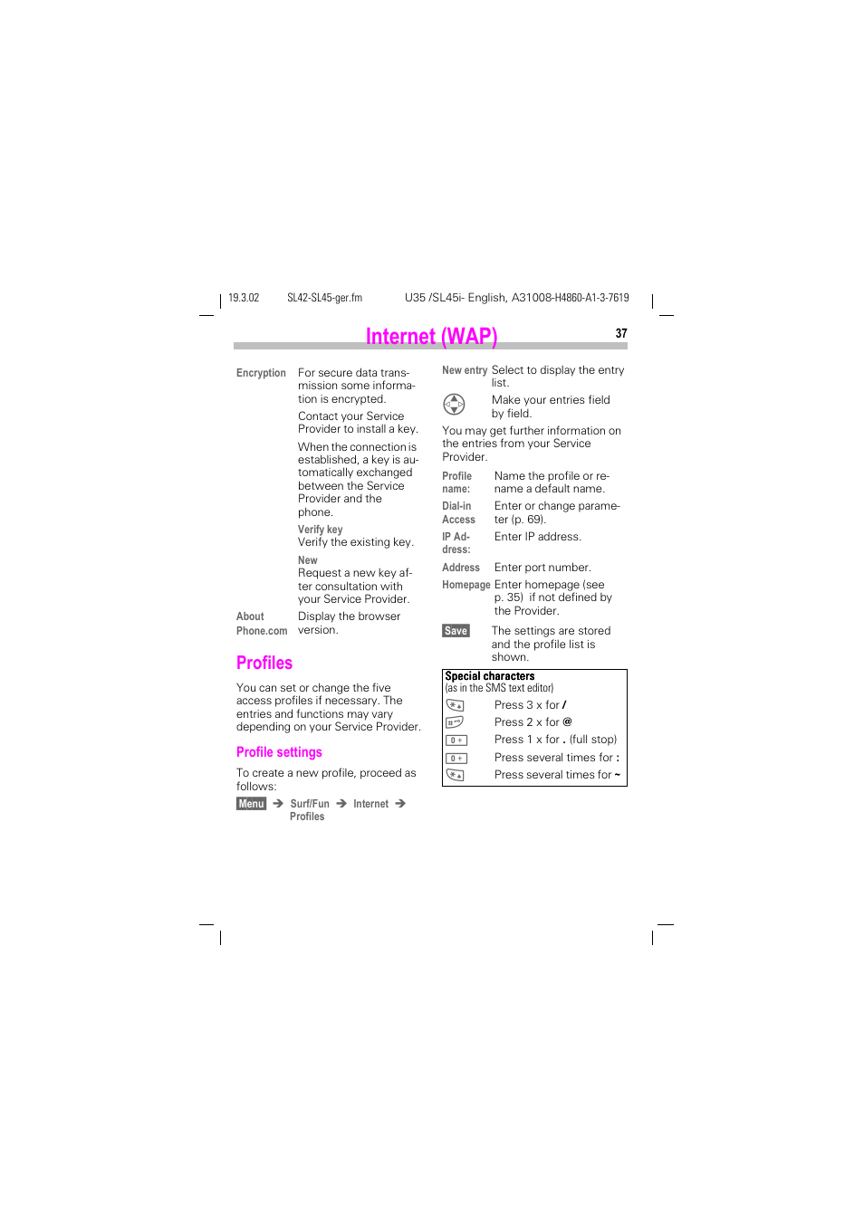 Profiles, Internet (wap) | Siemens SL42 User Manual | Page 39 / 96