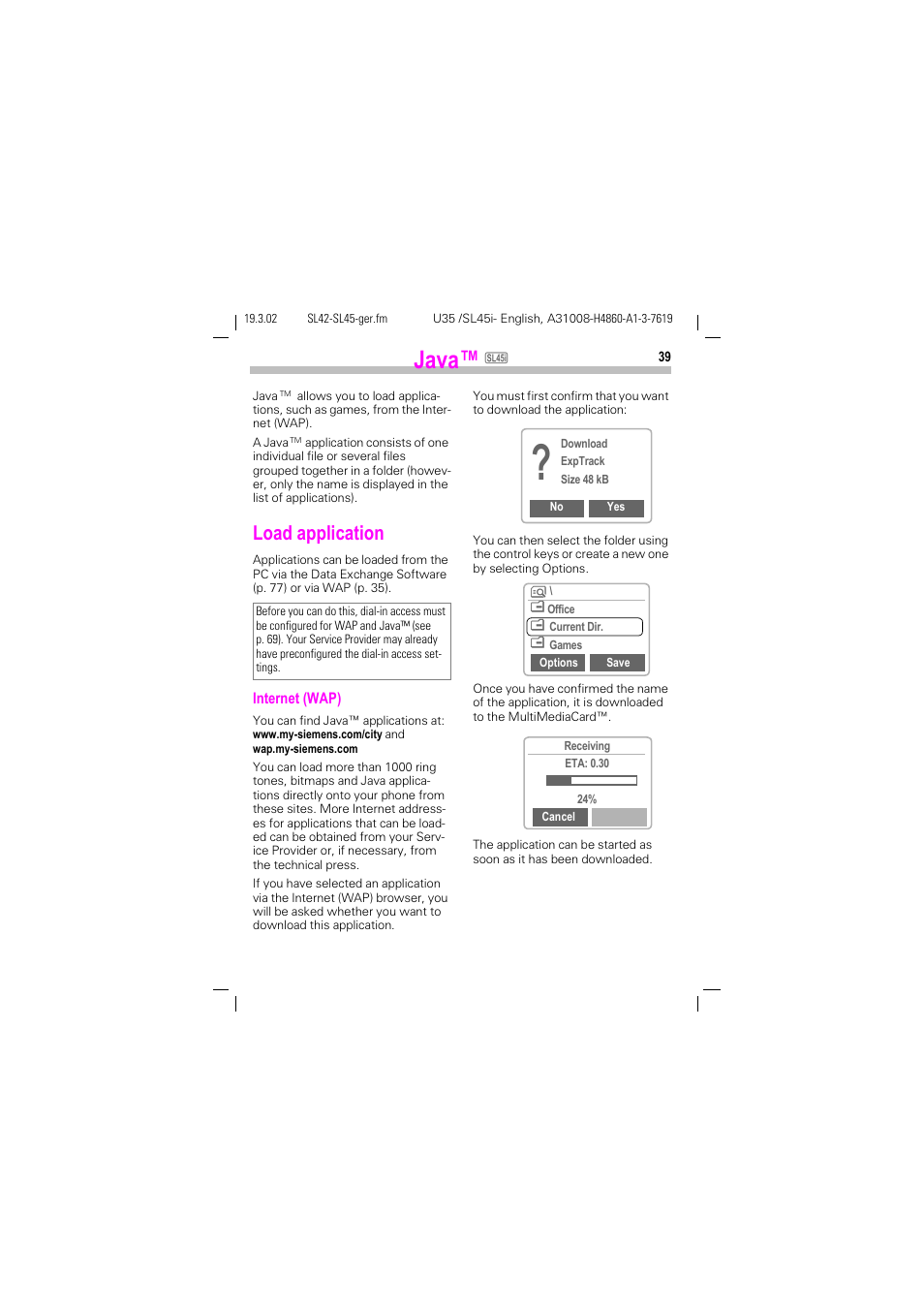 Java, Load application | Siemens SL42 User Manual | Page 41 / 96