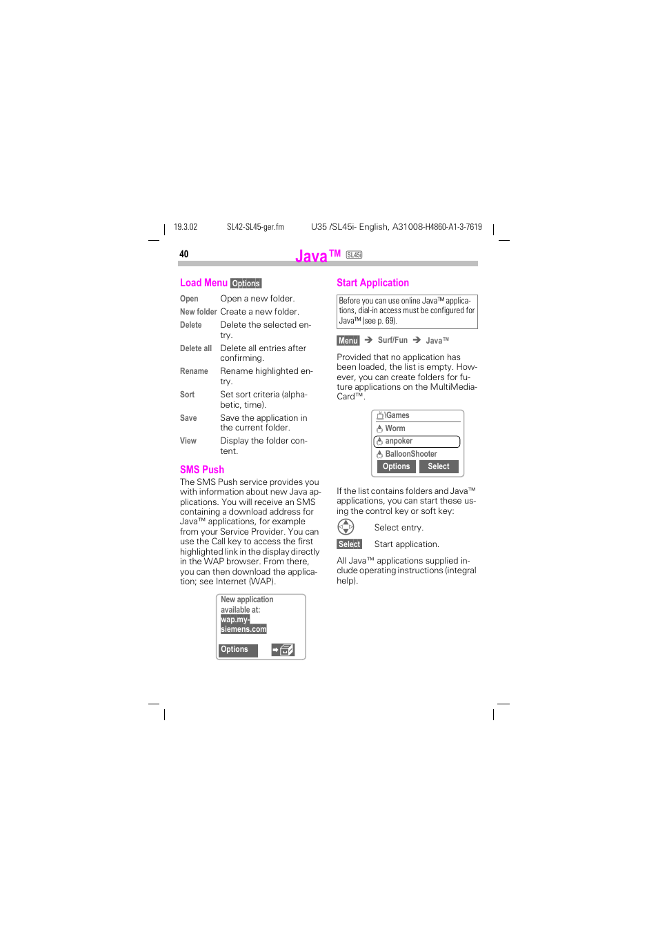 Java | Siemens SL42 User Manual | Page 42 / 96