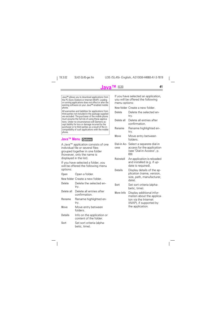 Java | Siemens SL42 User Manual | Page 43 / 96