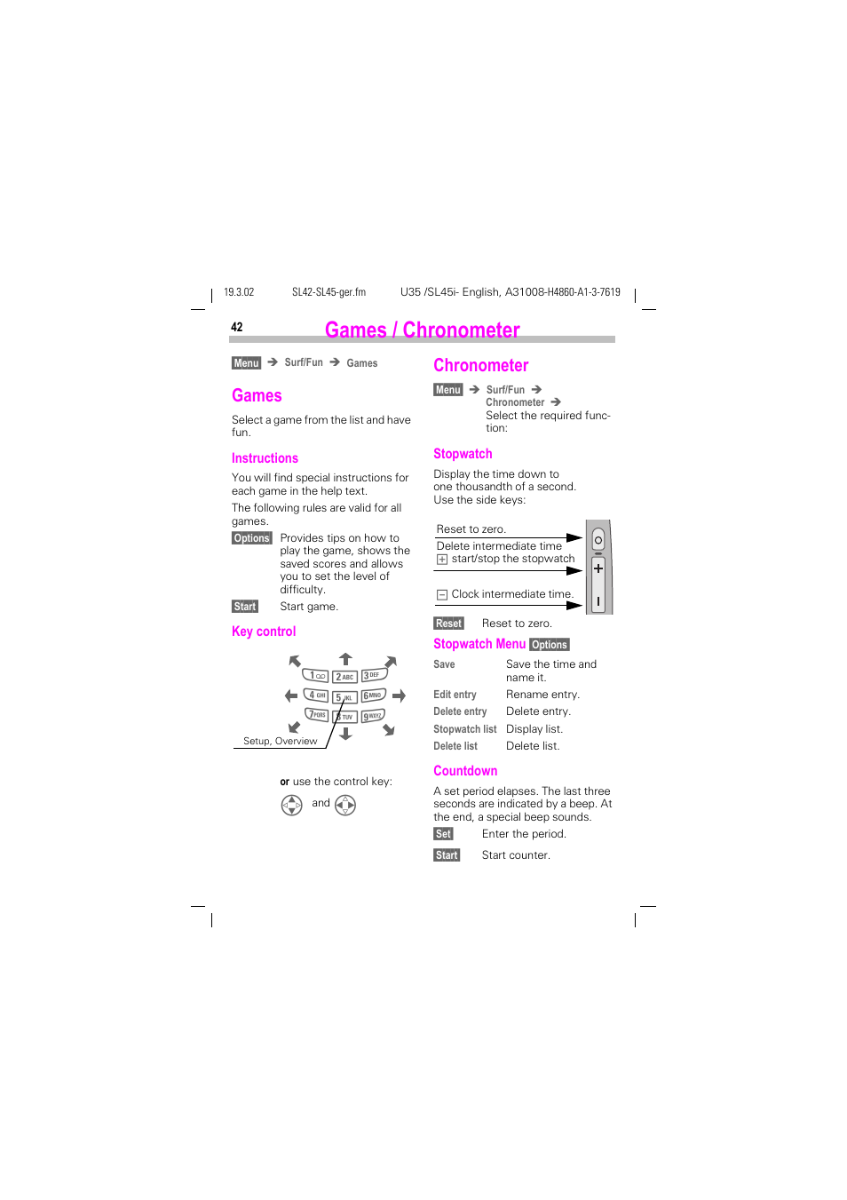 Games / chronometer, Games, Chronometer | Siemens SL42 User Manual | Page 44 / 96