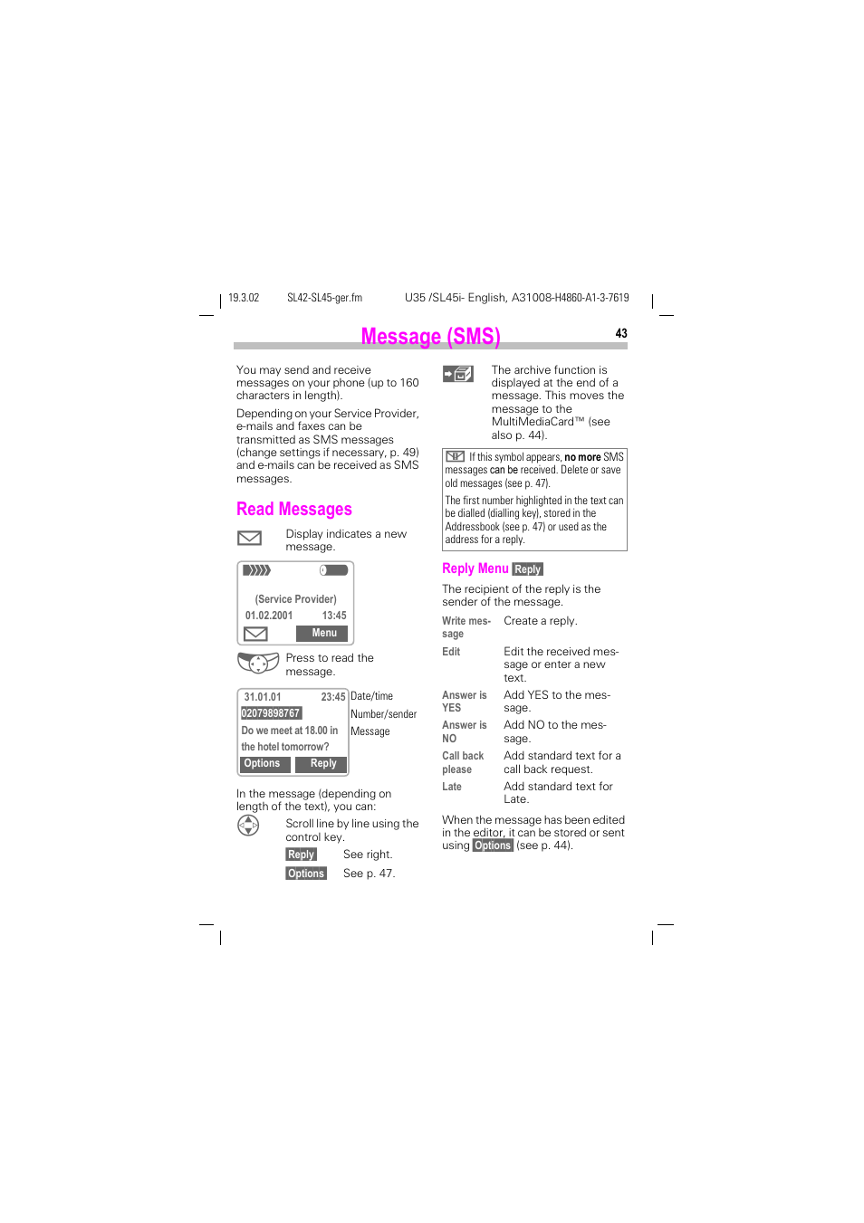 Message (sms), Read messages | Siemens SL42 User Manual | Page 45 / 96