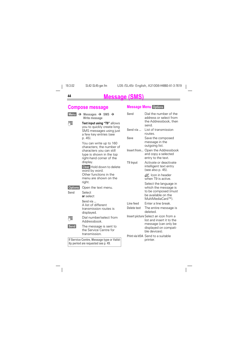 Compose message, See also p. 44), See p. 44) | Message (sms) | Siemens SL42 User Manual | Page 46 / 96