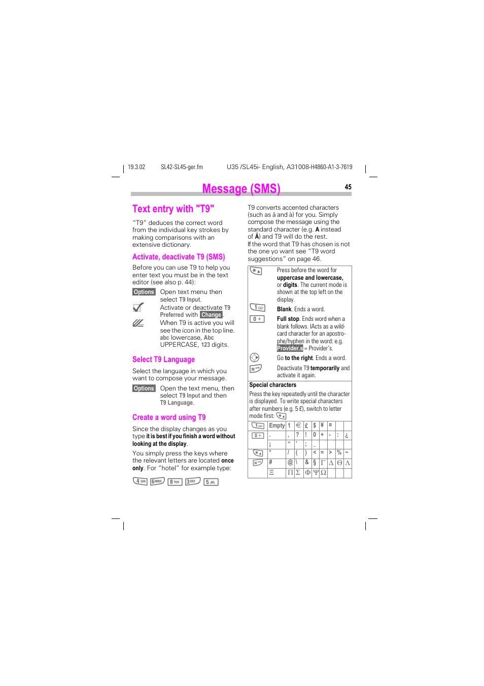 Text entry with "t9, Message (sms) | Siemens SL42 User Manual | Page 47 / 96