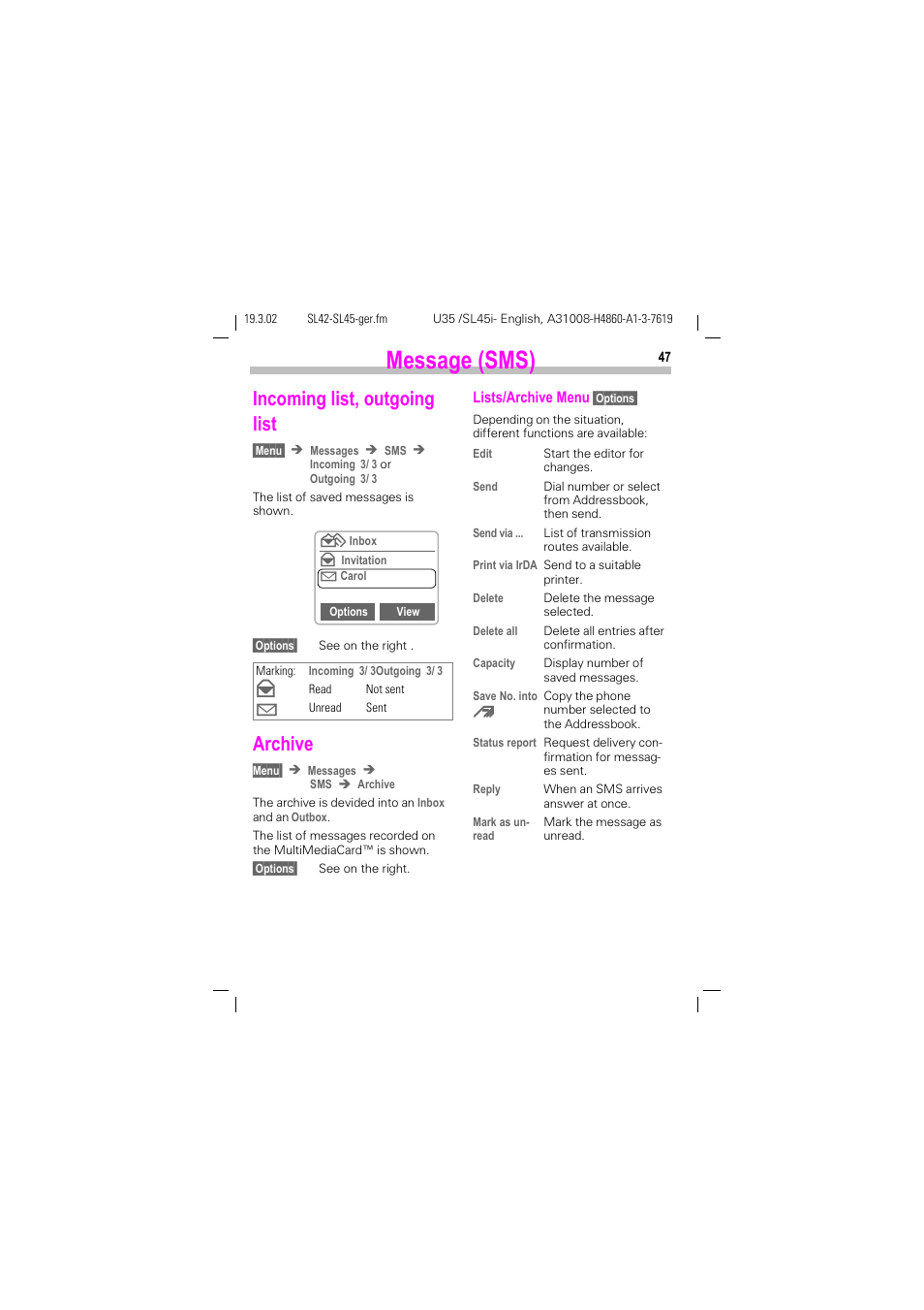 Incoming list, outgoing list, Archive, Incoming list, outgoing list archive | See p. 47, See p. 47), K (see p. 47), Message (sms) | Siemens SL42 User Manual | Page 49 / 96