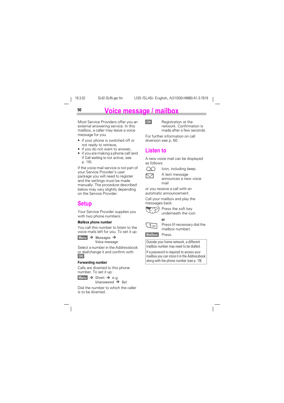 Voice message / mailbox, Setup, Listen to | Setup listen to | Siemens SL42 User Manual | Page 52 / 96