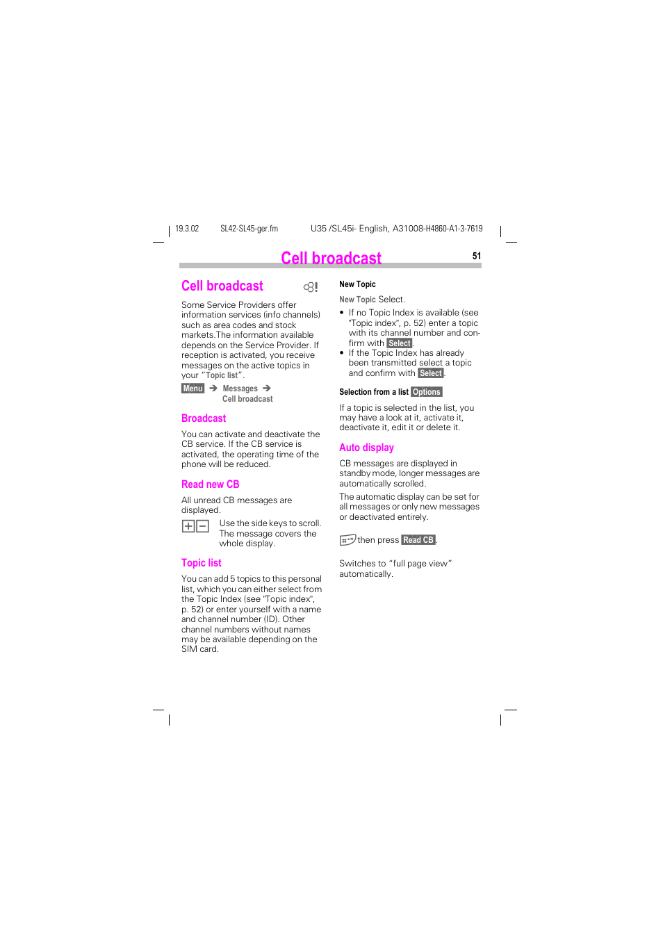 Cell broadcast | Siemens SL42 User Manual | Page 53 / 96
