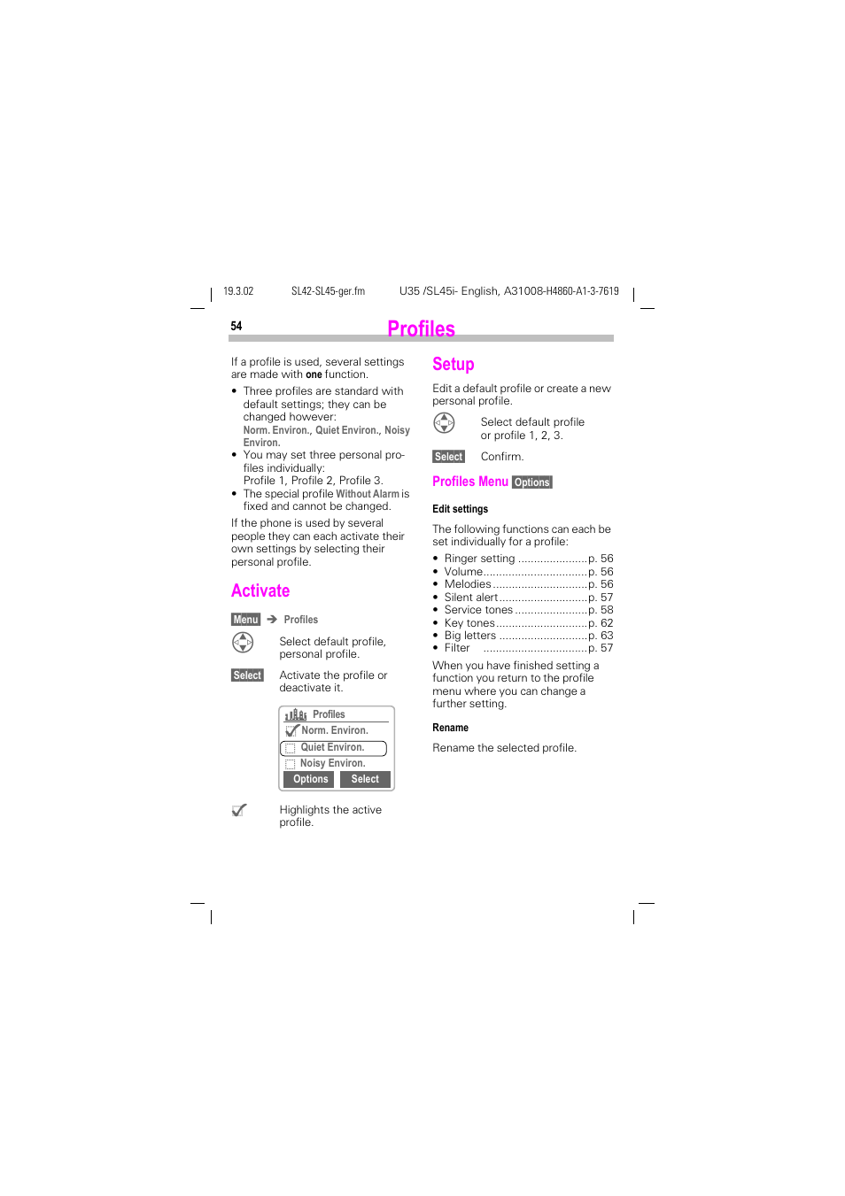 Profiles, Activate, Setup | Siemens SL42 User Manual | Page 56 / 96