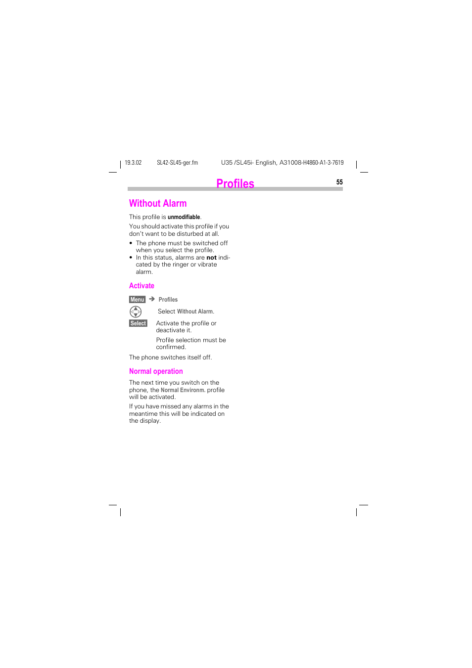 Without alarm, See "without alarm", p. 55, Profiles | Siemens SL42 User Manual | Page 57 / 96