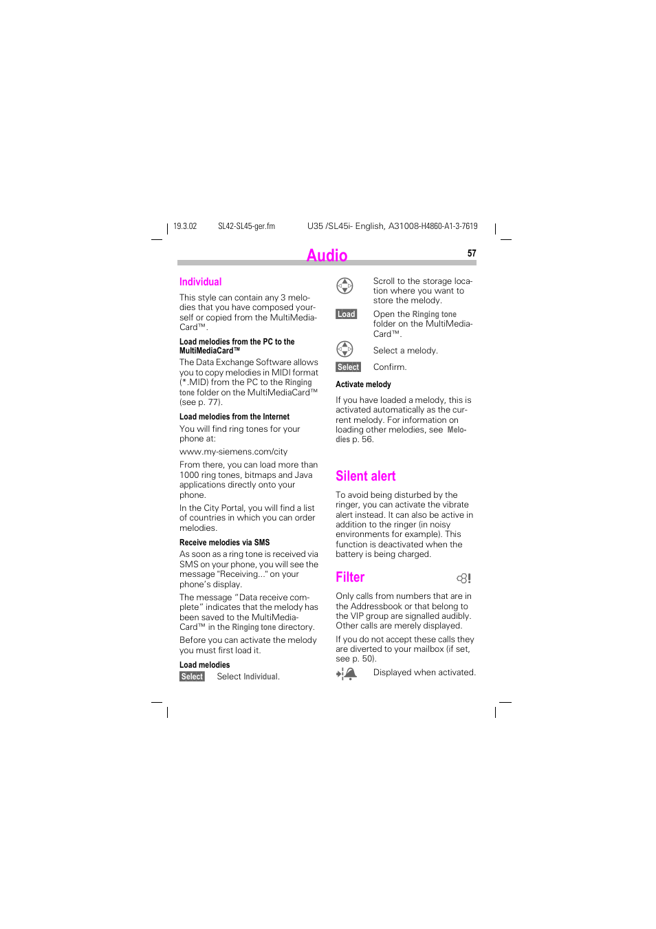 Silent alert, Filter, Silent alert filter | See p. 57), P. 57, Audio | Siemens SL42 User Manual | Page 59 / 96