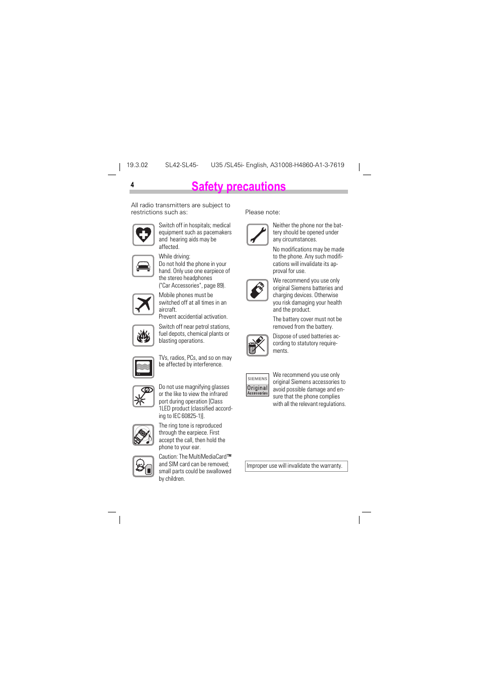 Safety precautions | Siemens SL42 User Manual | Page 6 / 96