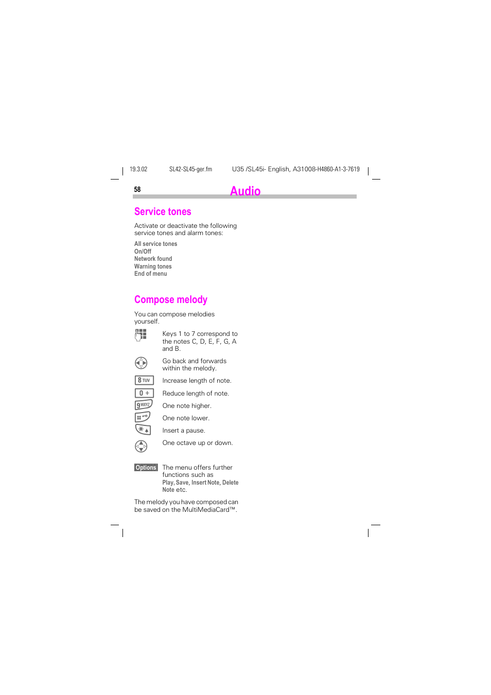 Service tones, P. 58, Audio | Compose melody | Siemens SL42 User Manual | Page 60 / 96