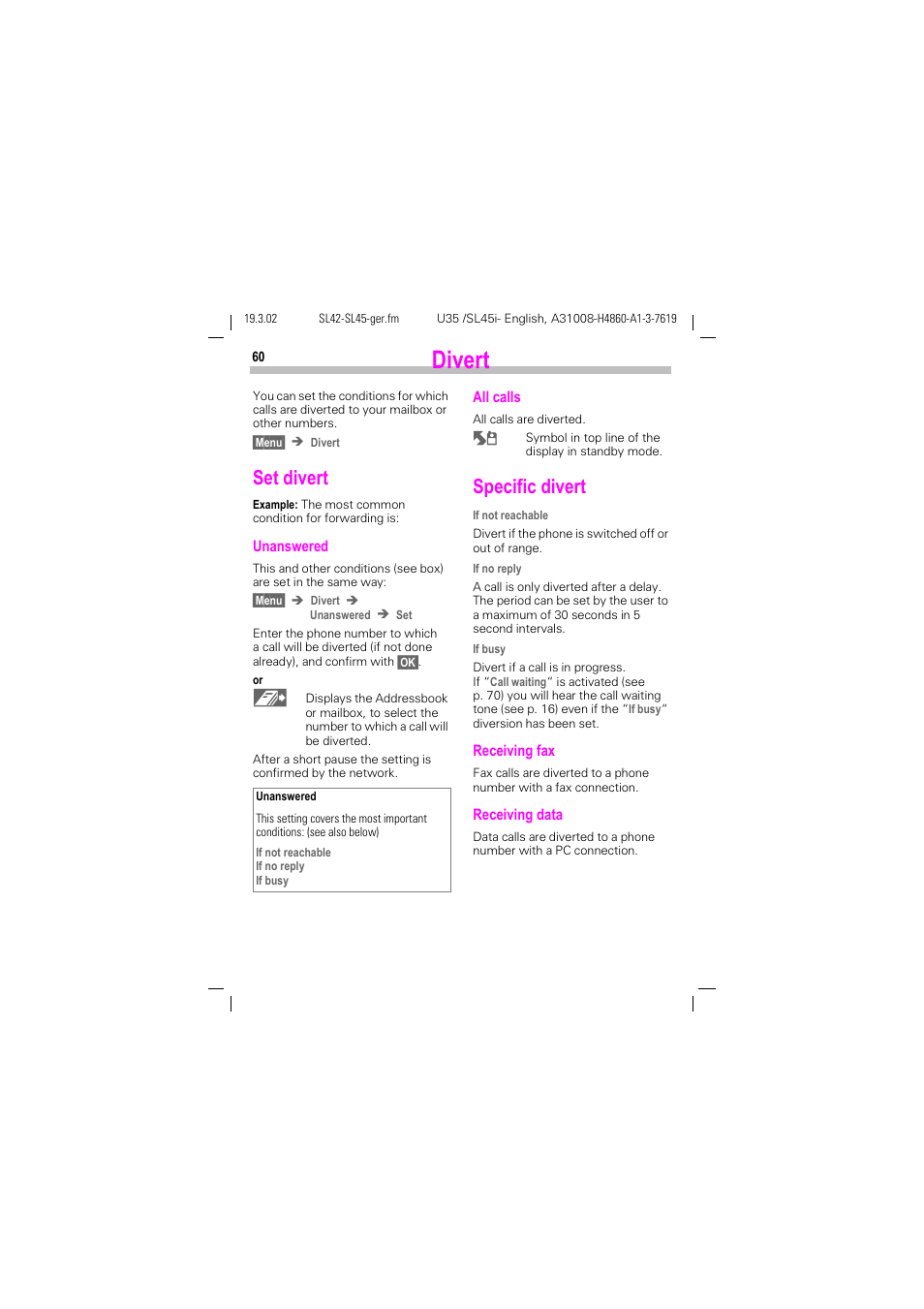 Divert, See p. 60, Set divert | Specific divert | Siemens SL42 User Manual | Page 62 / 96