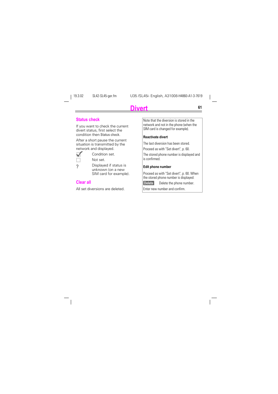 Divert | Siemens SL42 User Manual | Page 63 / 96