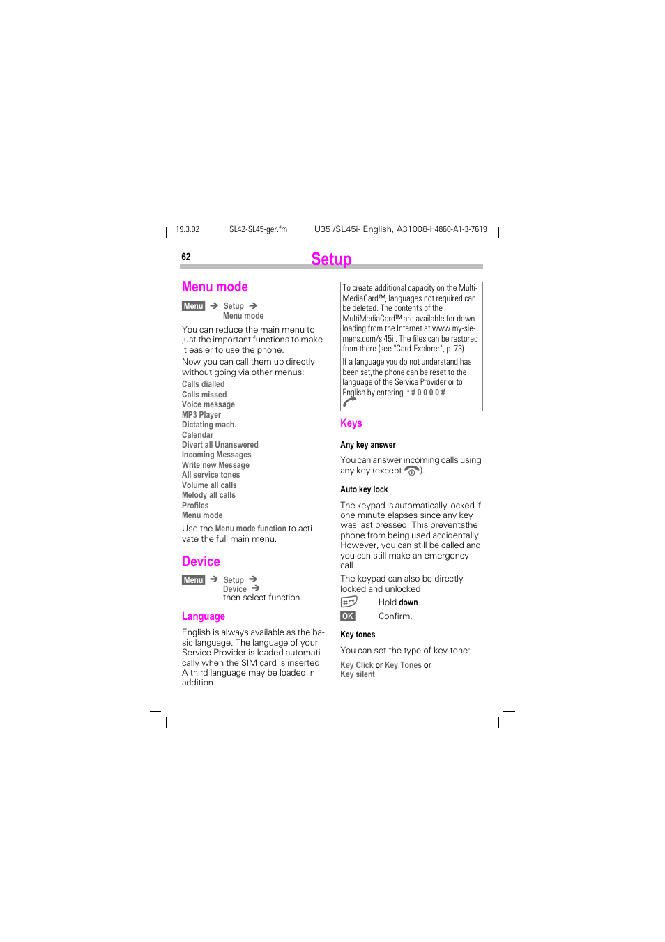 Setup, Menu mode, Device | Menu mode device, See also p. 62), E "any key answer", p. 62, P. 62 | Siemens SL42 User Manual | Page 64 / 96