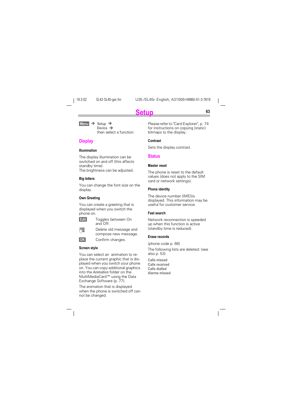 P. 63, Setup | Siemens SL42 User Manual | Page 65 / 96