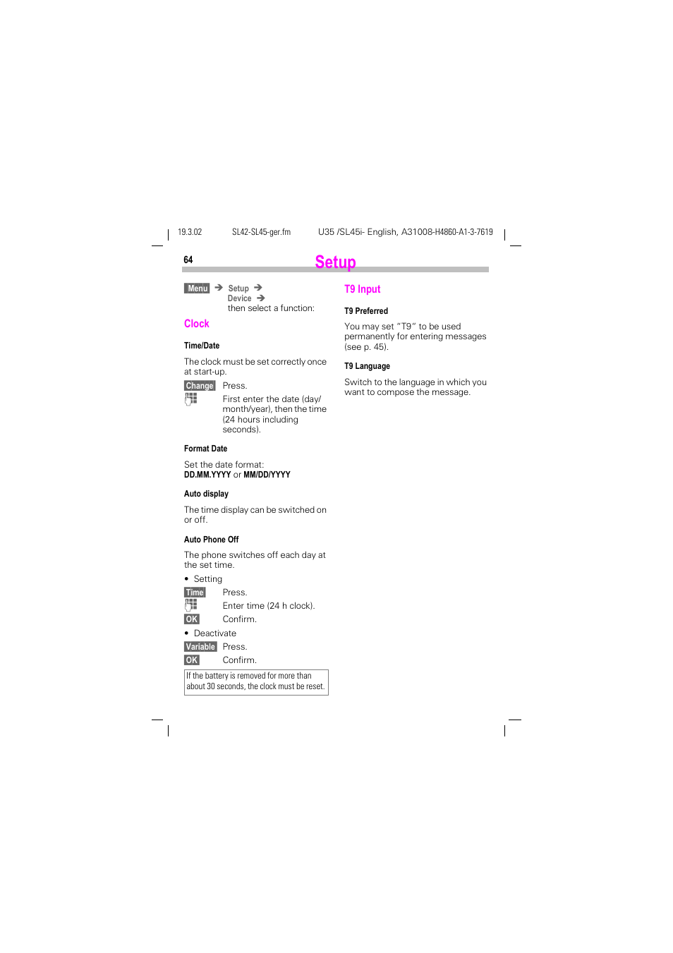 See p. 64, Setup | Siemens SL42 User Manual | Page 66 / 96