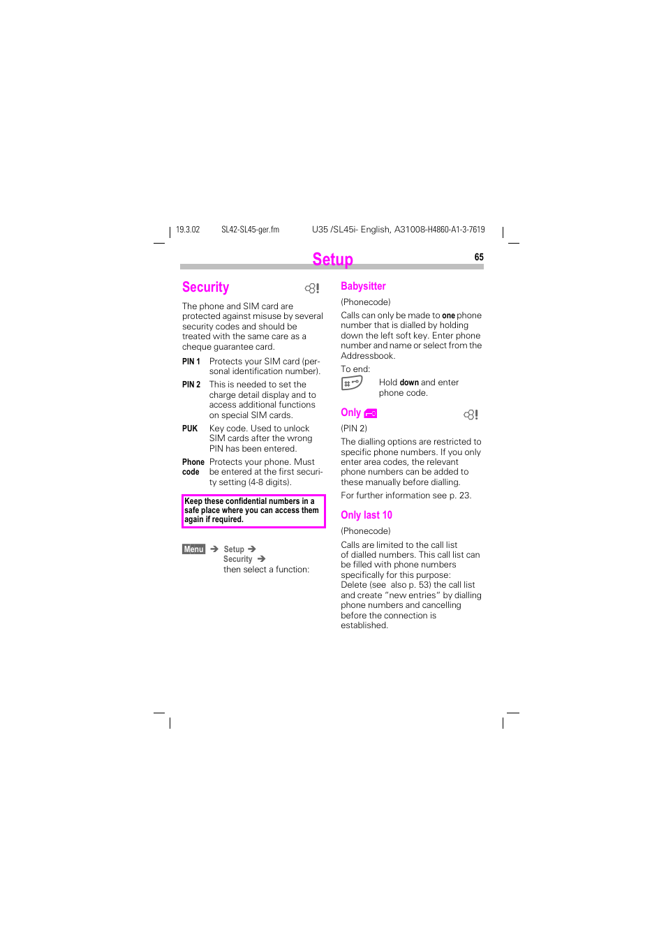 Security, Setup | Siemens SL42 User Manual | Page 67 / 96