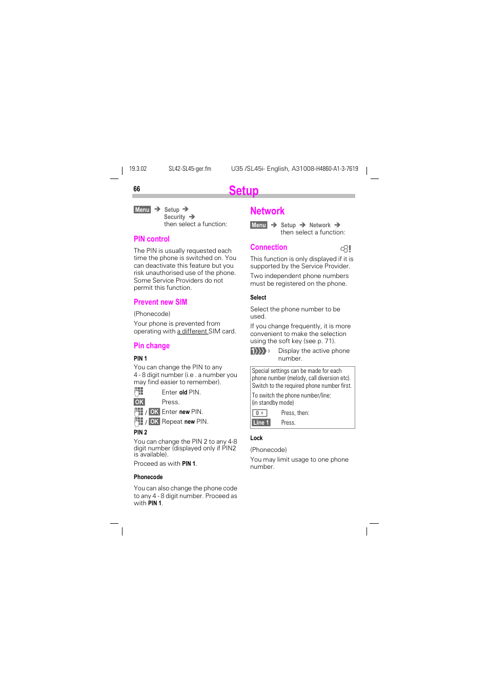 Network, See p. 66, P. 66) | Setup | Siemens SL42 User Manual | Page 68 / 96