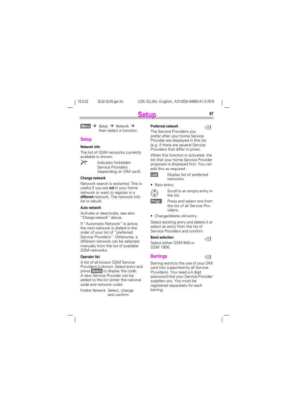 Setup | Siemens SL42 User Manual | Page 69 / 96