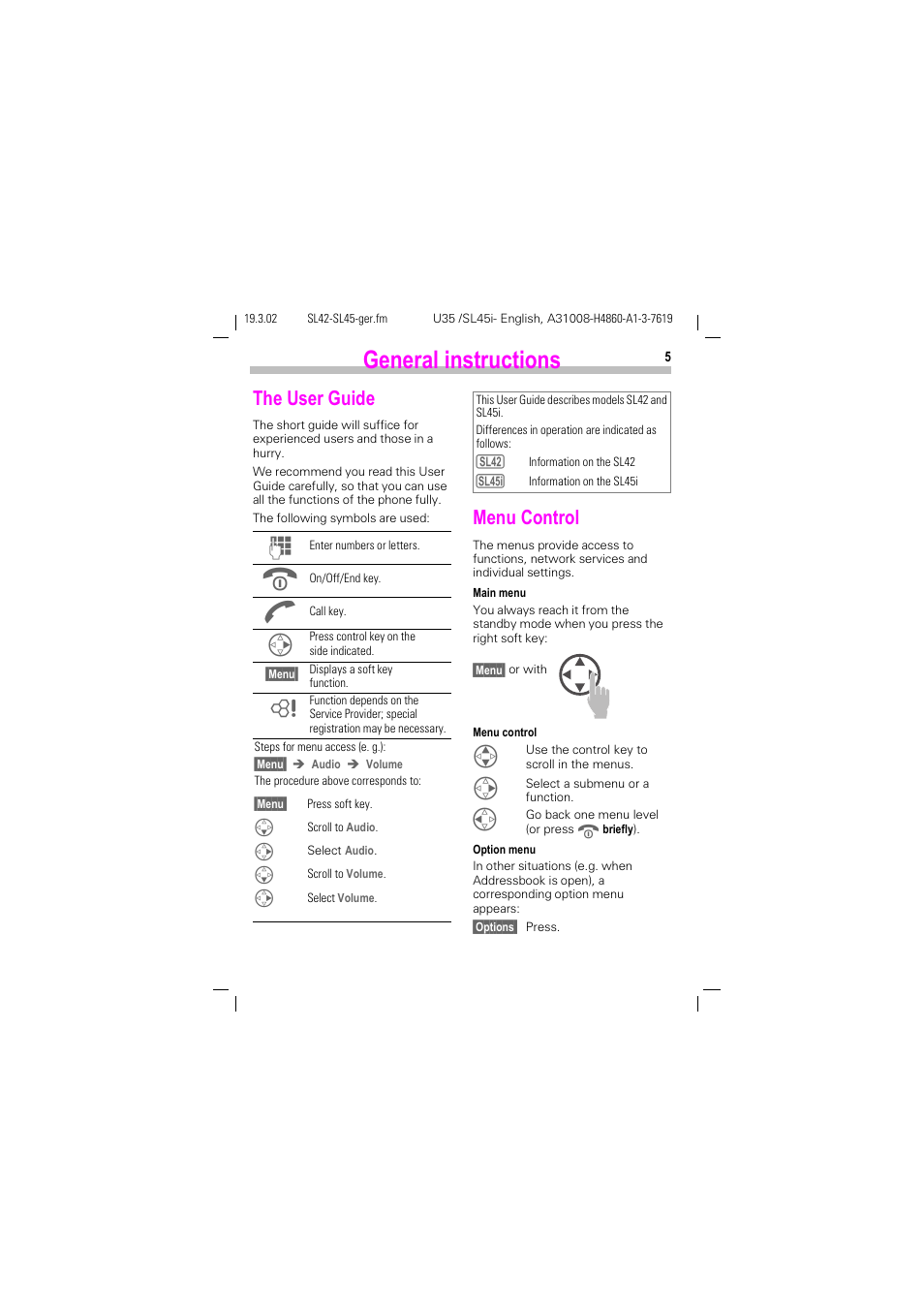 General instructions, The user guide, Menu control | The user guide menu control | Siemens SL42 User Manual | Page 7 / 96