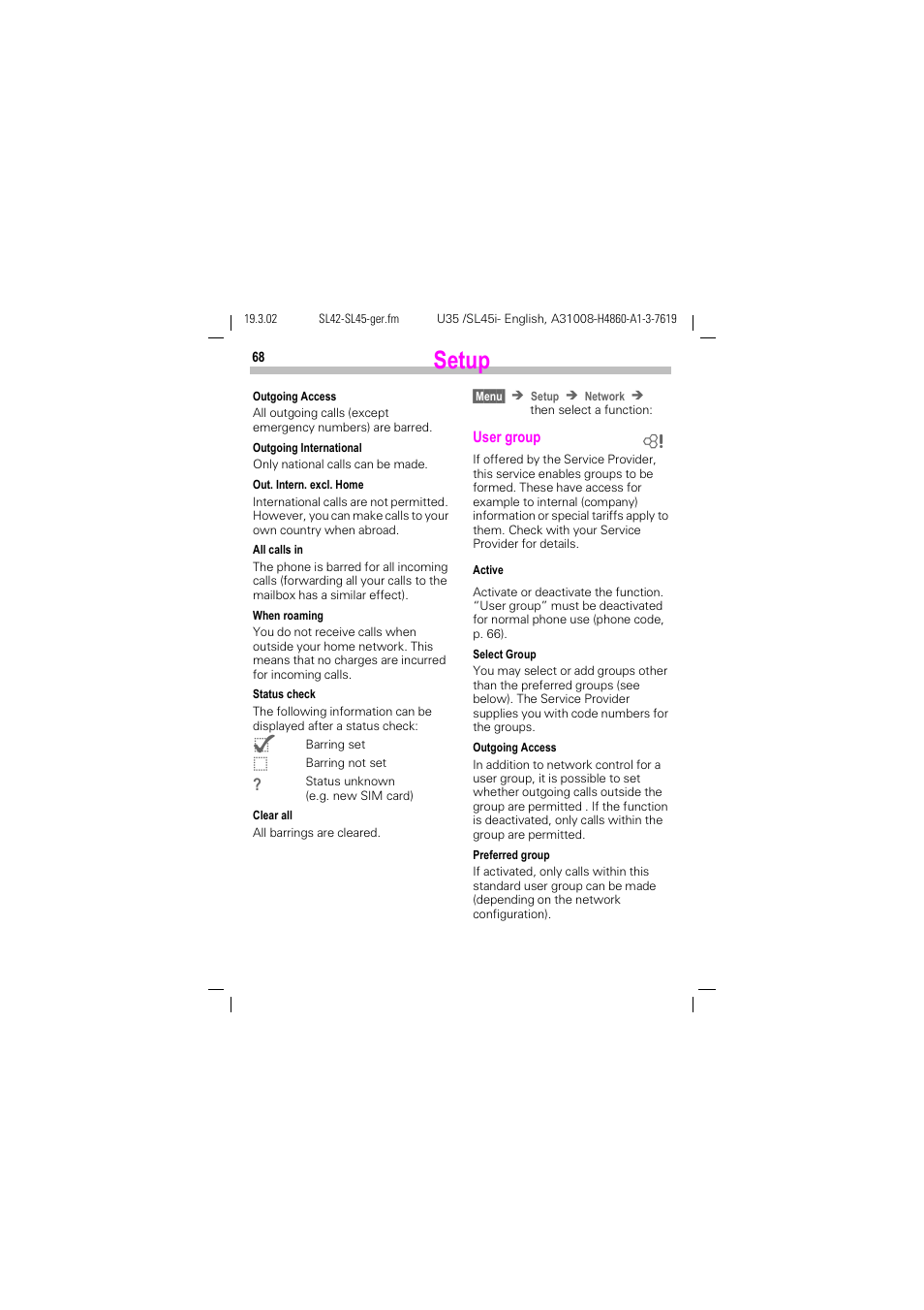 Setup | Siemens SL42 User Manual | Page 70 / 96