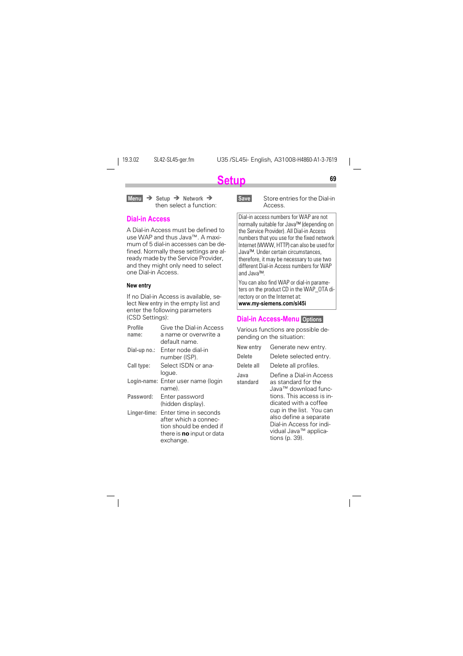 Setup | Siemens SL42 User Manual | Page 71 / 96