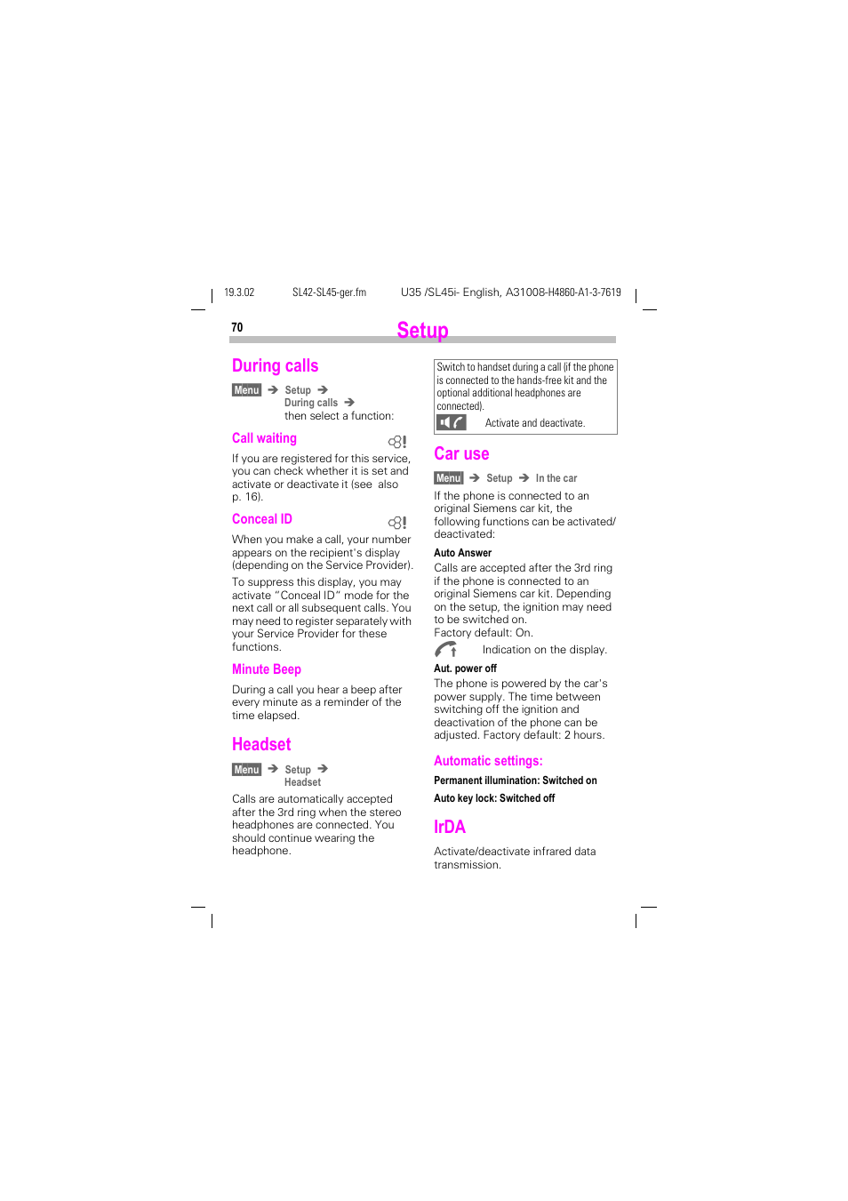 During calls, Headset, Car use | Irda, During calls headset car use irda, See "irda", p. 70), Setup | Siemens SL42 User Manual | Page 72 / 96