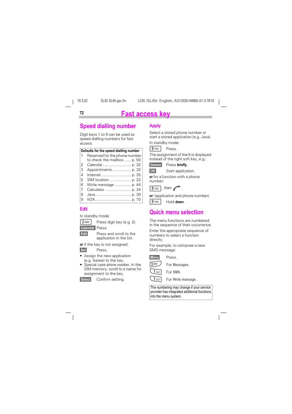 Speed dialling number, Quick menu selection, Speed dialling number quick menu selection | Fast access key | Siemens SL42 User Manual | Page 74 / 96