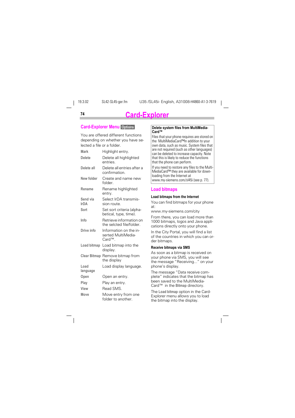 Card-explorer", p. 74, Card-explorer | Siemens SL42 User Manual | Page 76 / 96