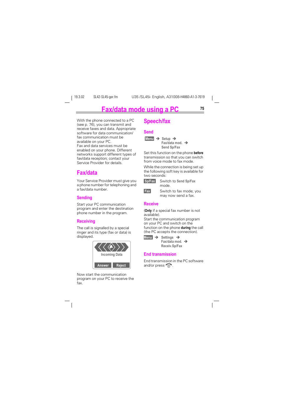 Fax/data mode using a pc, Fax/data, Speech/fax | See p. 75 | Siemens SL42 User Manual | Page 77 / 96