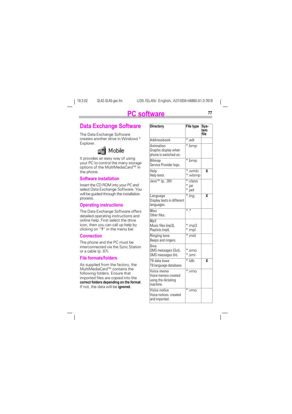 Pc software, Data exchange software, P. 77) | Siemens SL42 User Manual | Page 79 / 96